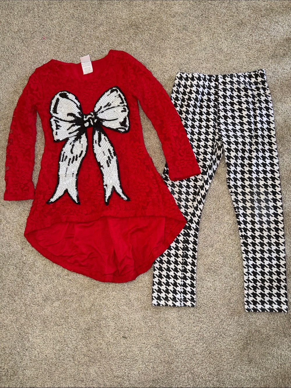 Red Lace Tunic with sequin Bow & Black-White Houndstooth Leggings